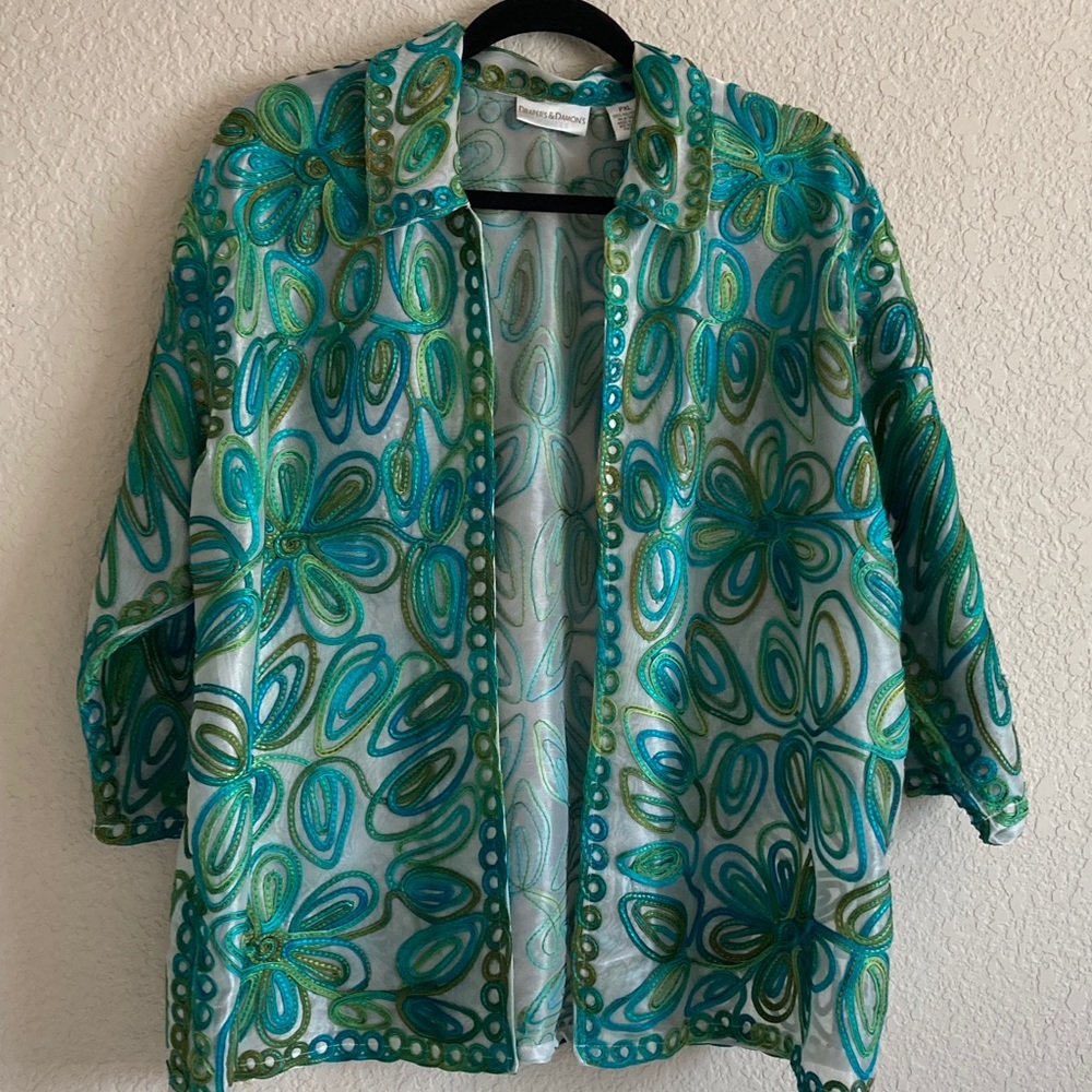 Vtg Drapers & Damons Fiber Art Floral Swirl Open Front Jacket P2P 25 in.